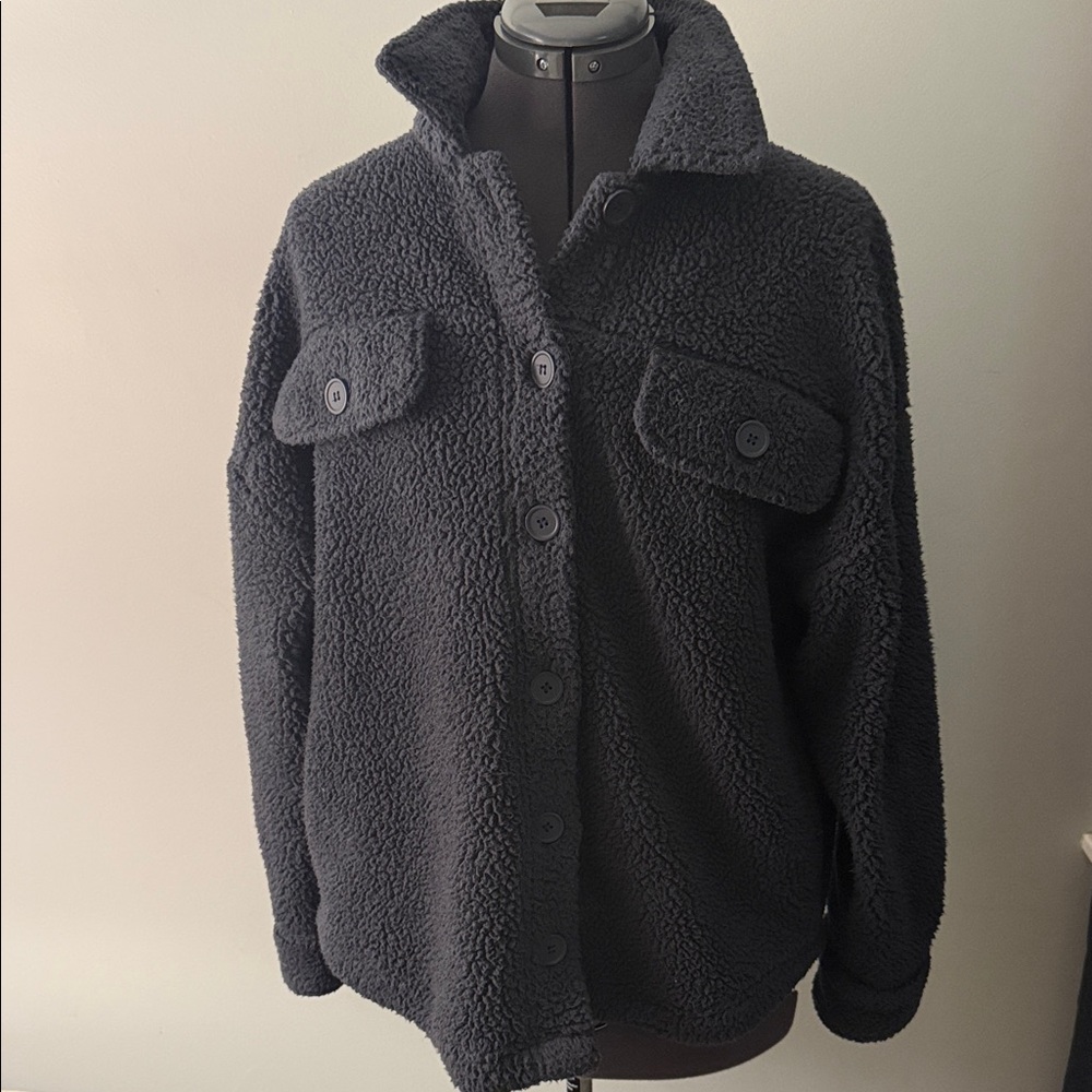 Pink Rose Navy Blue Button Down Sherpa Shirt